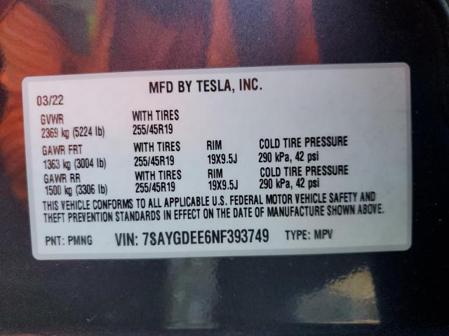 80007835 :رقم المزاد ، 7SAYGDEE6NF393749 vin ، 2022 Tesla Model Y مزاد بيع