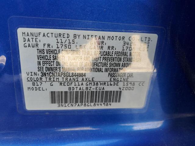 Продаж на аукціоні авто 2016 Nissan Versa S, vin: 3N1CN7AP8GL844984, номер лоту: 71200625