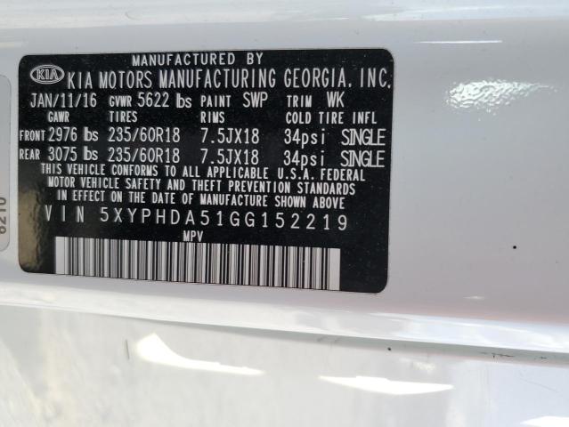 2016 Kia Sorento მანქანა იყიდება აუქციონზე, vin: 5XYPHDA51GG152219, აუქციონის ნომერი: 72025045