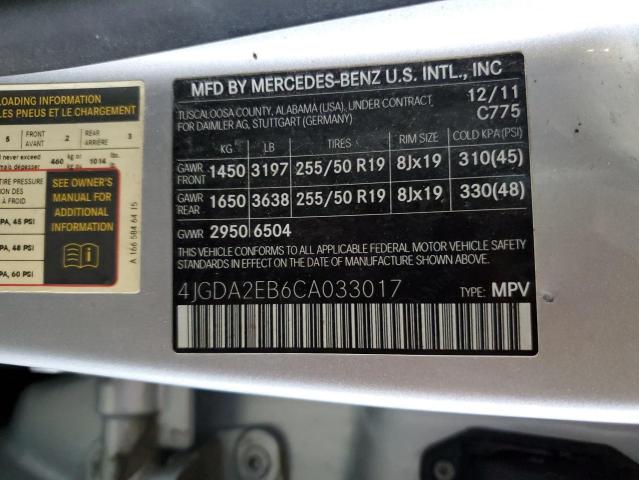71996855 :رقم المزاد ، 4JGDA2EB6CA033017 vin ، 2012 Mercedes-benz Ml 350 Blu مزاد بيع