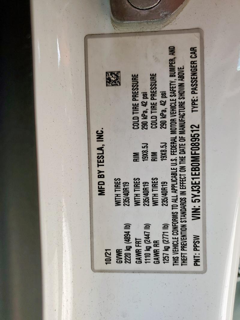 82071635 :رقم المزاد ، 5YJ3E1EB0MF089512 vin ، 2021 Tesla Model 3 مزاد بيع