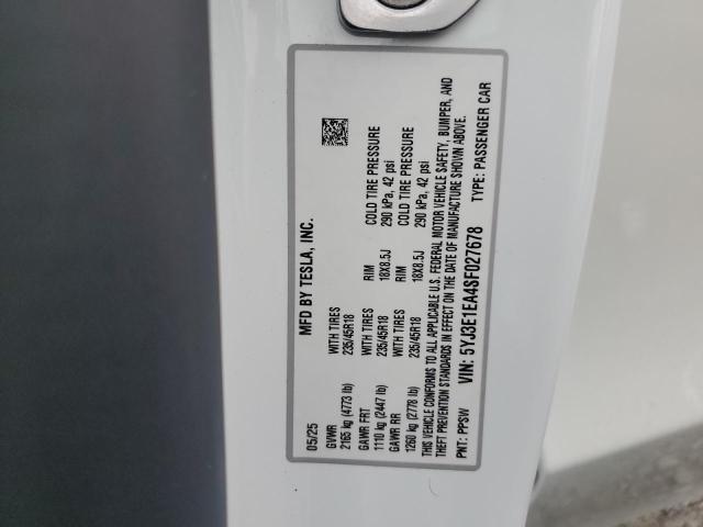 Aukcja sprzedaży 2025 Tesla Model 3, vin: 5YJ3E1EA4SF027678, numer aukcji: 81749305