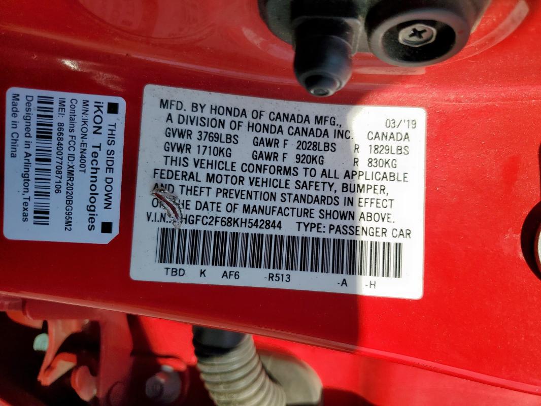 Продажа на аукционе авто 2019 Honda Civic Lx, vin: 2HGFC2F68KH542844, номер лота: 84283145