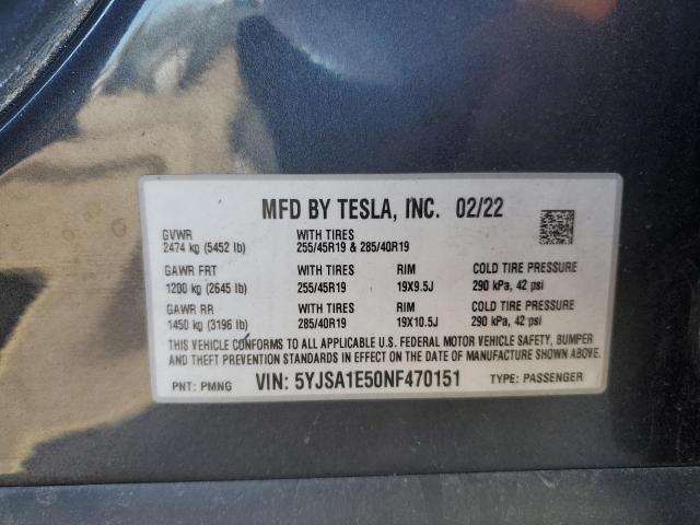 69382495 :رقم المزاد ، 5YJSA1E50NF470151 vin ، 2022 Tesla Model S مزاد بيع
