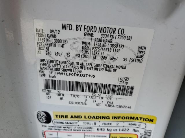 69999805 :رقم المزاد ، 1FTFW1EF0DKD27195 vin ، 2013 Ford F150 مزاد بيع