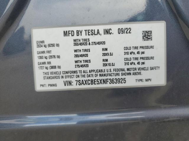 80758525 :رقم المزاد ، 7SAXCBE5XNF363925 vin ، 2022 Tesla Model X مزاد بيع