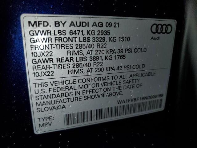 2022 Audi Q8 მანქანა იყიდება აუქციონზე, vin: WA1FVBF19ND006199, აუქციონის ნომერი: 83831705