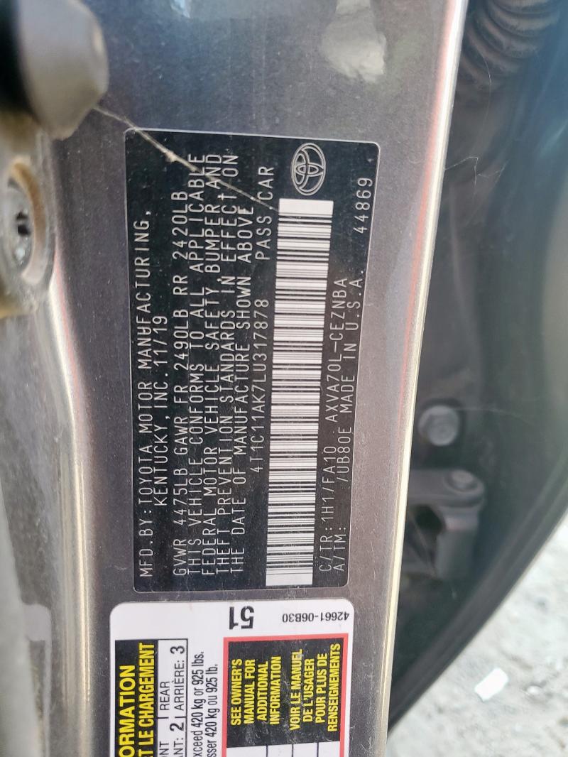 2020 Toyota Camry მანქანა იყიდება აუქციონზე, vin: 4T1C11AK7LU317878, აუქციონის ნომერი: 71037105