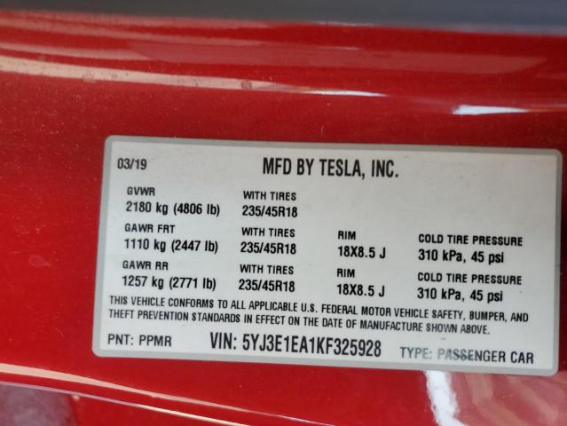 2019 Tesla Model 3 მანქანა იყიდება აუქციონზე, vin: 5YJ3E1EA1KF325928, აუქციონის ნომერი: 71476695