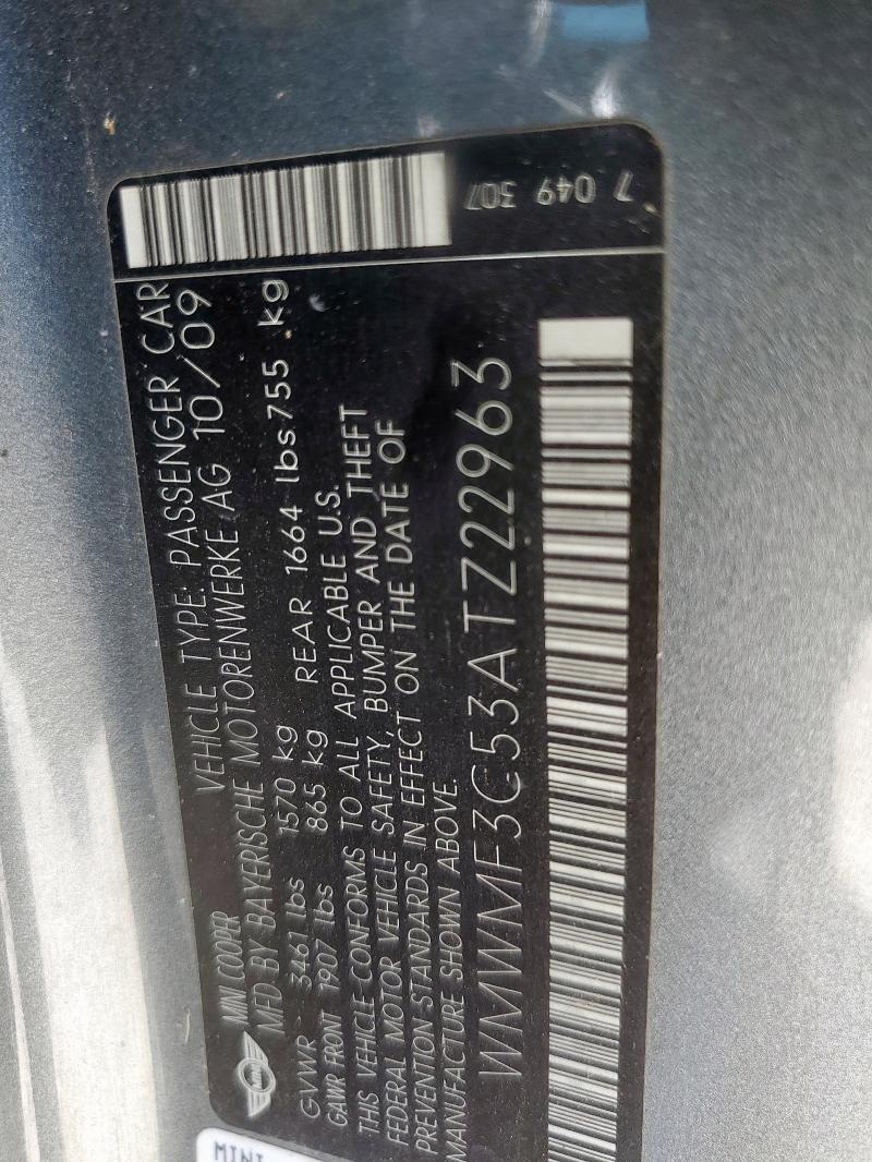 84056975 :رقم المزاد ، WMWMF3C53ATZ22963 vin ، 2010 Mini Cooper مزاد بيع