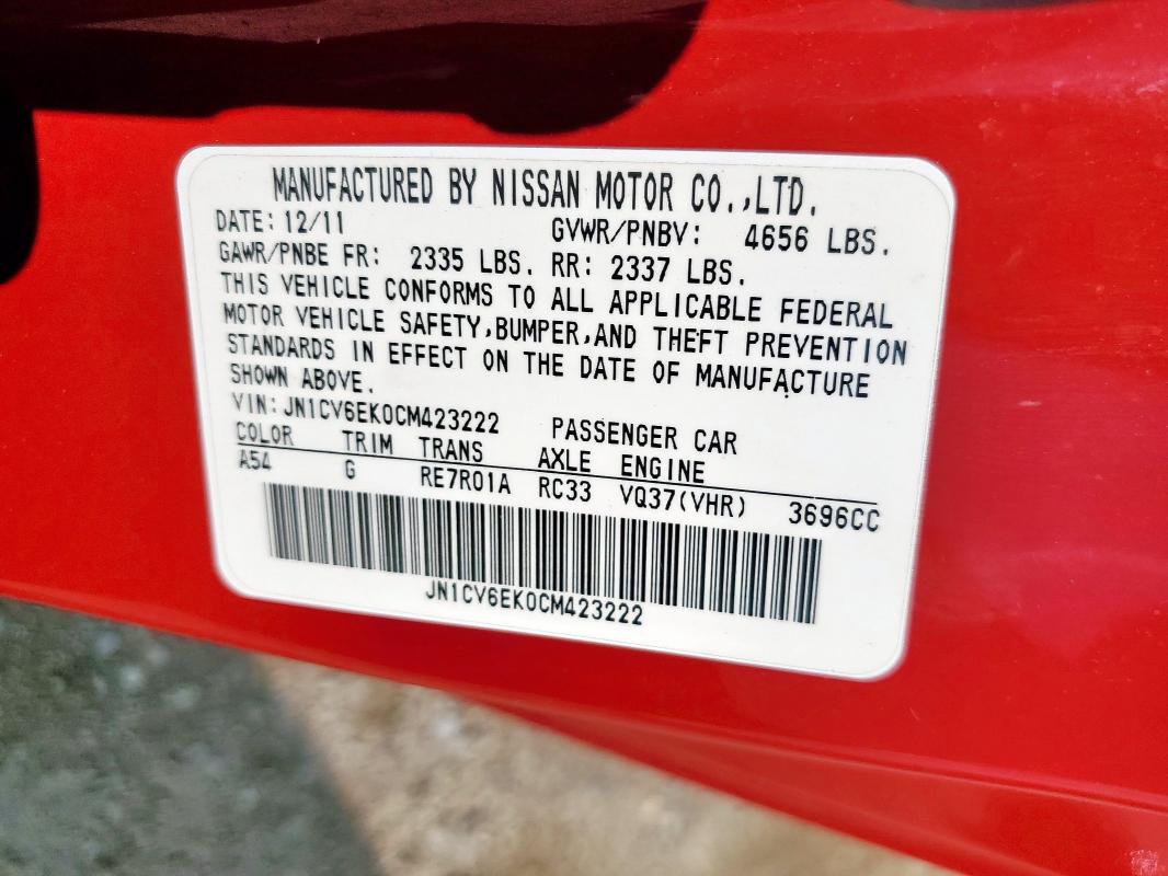 Aukcja sprzedaży 2012 Infiniti G37 Base, vin: JN1CV6EK0CM423222, numer aukcji: 71534855