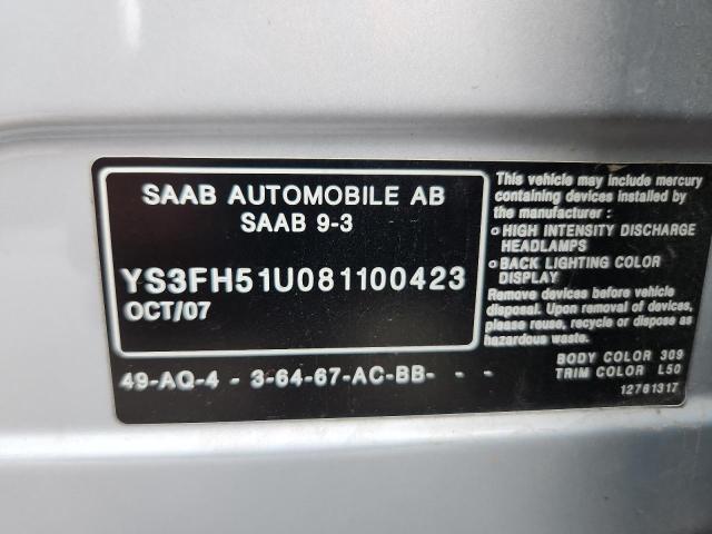 Aukcja sprzedaży 2008 Saab 9-3, vin: YS3FH51U081100423, numer aukcji: 81556275