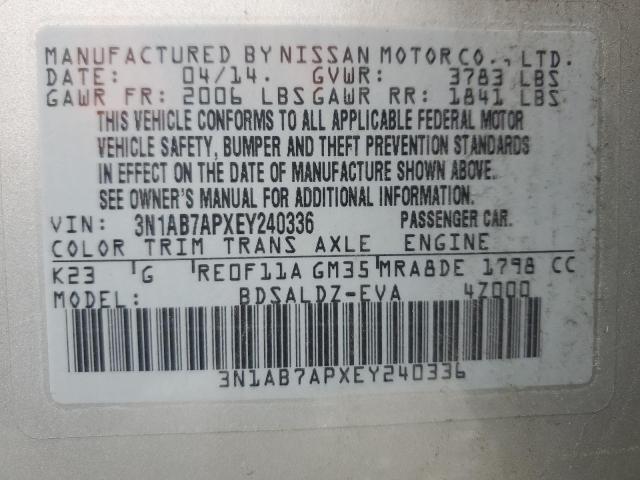 2014 Nissan Sentra S მანქანა იყიდება აუქციონზე, vin: 3N1AB7APXEY240336, აუქციონის ნომერი: 81881765