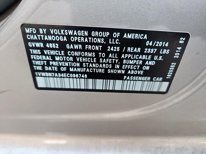 70714765 :رقم المزاد ، 1VWBN7A34EC096746 vin ، 2014 Volkswagen Passat مزاد بيع