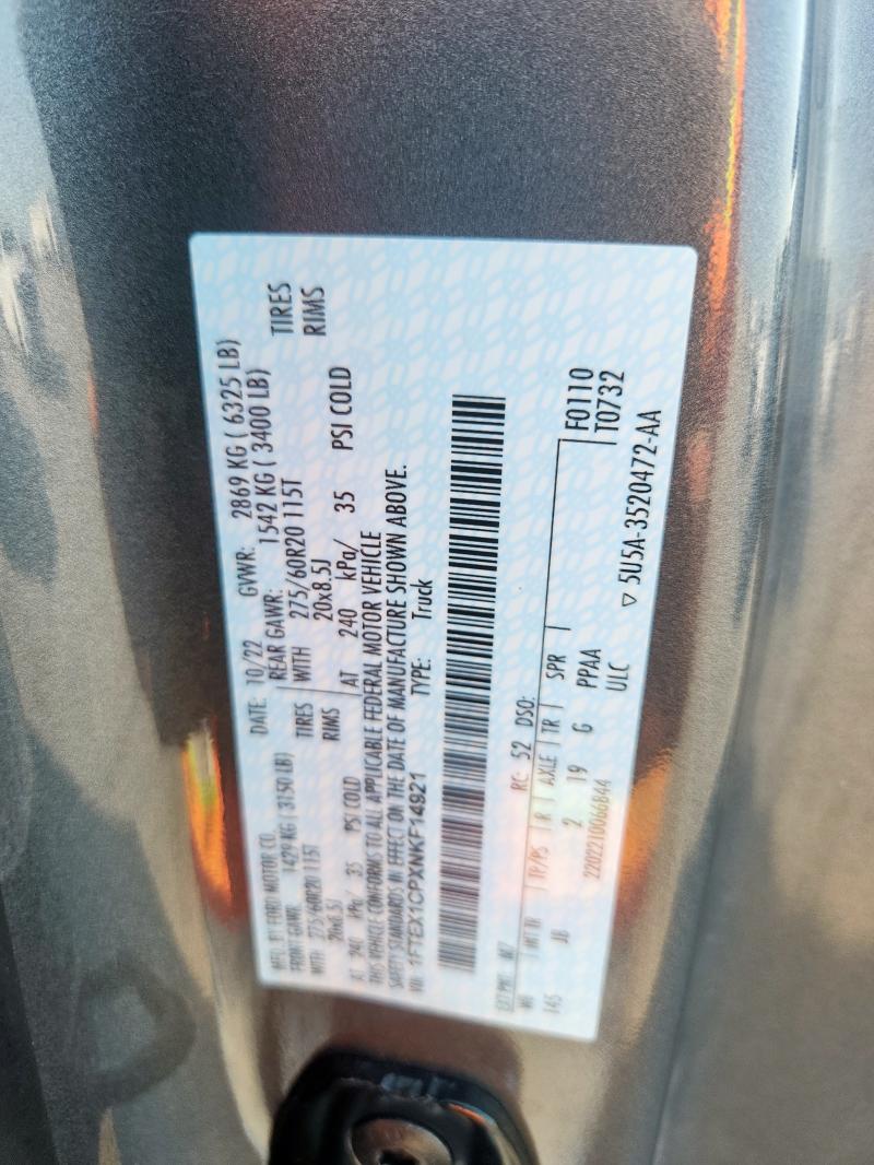2022 Ford F150 Super Cab მანქანა იყიდება აუქციონზე, vin: 1FTEX1CPXNKF14921, აუქციონის ნომერი: 80760475