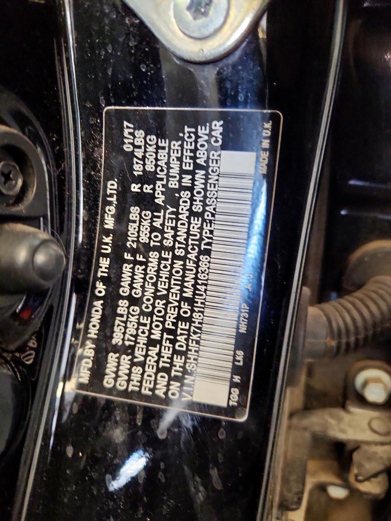 71528495 :رقم المزاد ، SHHFK7H81HU416366 vin ، 2017 Honda Civic مزاد بيع