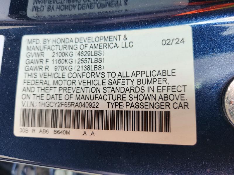 Продаж на аукціоні авто 2024 Honda Accord, vin: 1HGCY2F65RA040922, номер лоту: 69393656