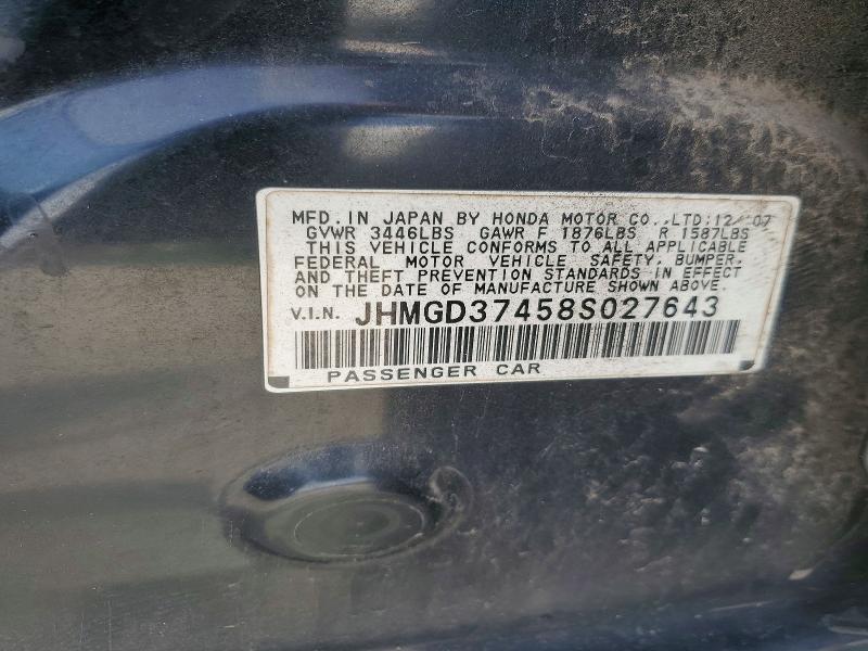2008 Honda Fit მანქანა იყიდება აუქციონზე, vin: JHMGD37458S027643, აუქციონის ნომერი: 69164976