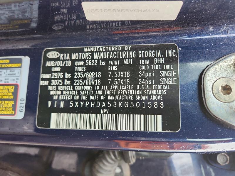 71028446 :رقم المزاد ، 5XYPHDA53KG501583 vin ، 2019 Kia Sorento مزاد بيع