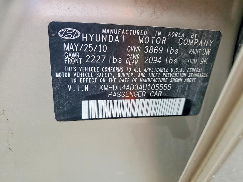 71196656 :رقم المزاد ، KMHDU4AD3AU105555 vin ، 2010 Hyundai Elantra مزاد بيع