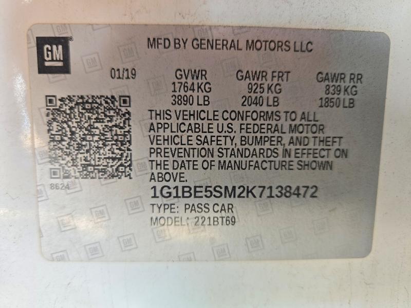 Aukcja sprzedaży 2019 Chevrolet Cruze, vin: 1G1BE5SM2K7138472, numer aukcji: 71295396