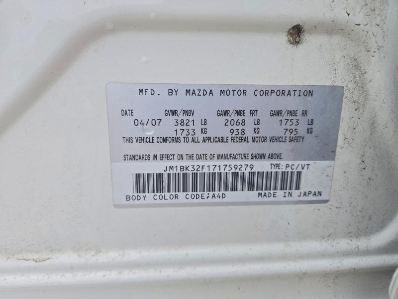 Aukcja sprzedaży 2007 Mazda 3, vin: JM1BK32F171759279, numer aukcji: 66962286