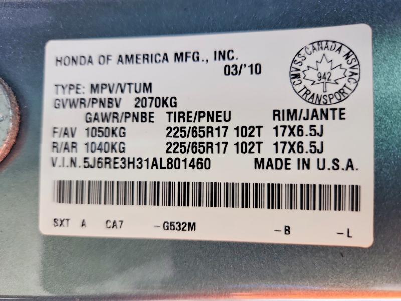 66978506 :رقم المزاد ، 5J6RE3H31AL801460 vin ، 2010 Honda Cr-v مزاد بيع