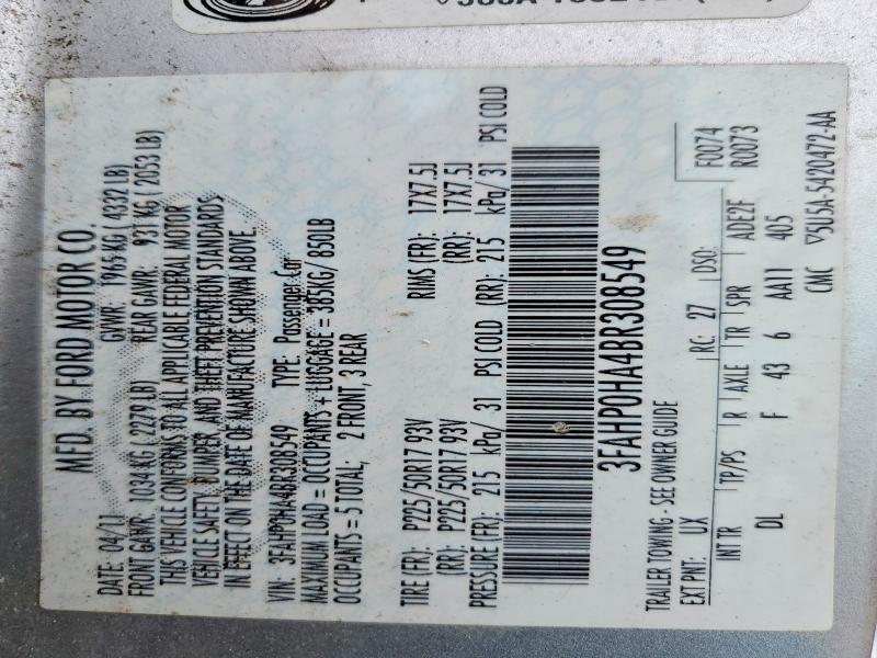 2011 Ford Fusion მანქანა იყიდება აუქციონზე, vin: 3FAHP0HA4BR308549, აუქციონის ნომერი: 70913146
