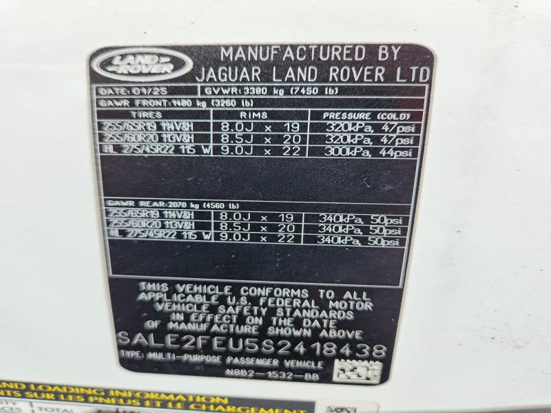 2025 Land Rover Defender მანქანა იყიდება აუქციონზე, vin: SALE2FEU5S2418438, აუქციონის ნომერი: 68842586
