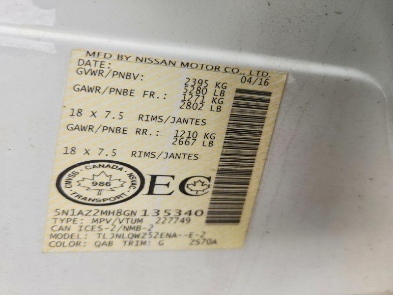 2016 Nissan Murano მანქანა იყიდება აუქციონზე, vin: 5N1AZ2MH8GN135340, აუქციონის ნომერი: 68006556