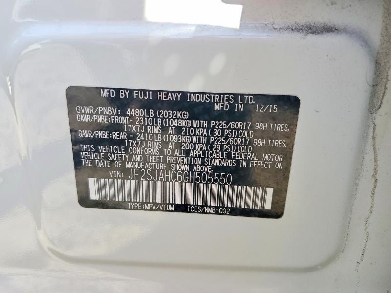 2016 Subaru Forester მანქანა იყიდება აუქციონზე, vin: JF2SJAHC6GH505550, აუქციონის ნომერი: 67157106
