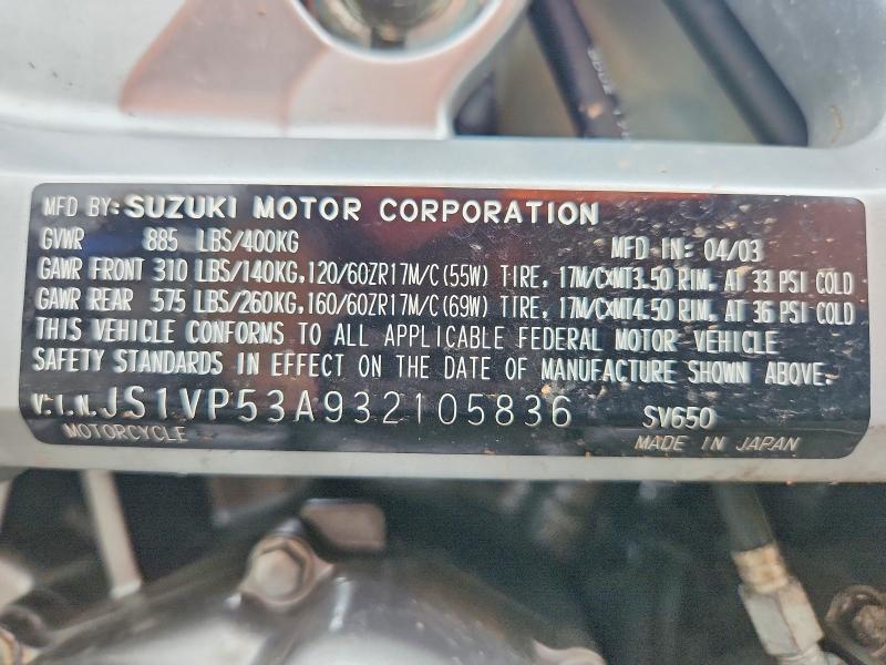 Aukcja sprzedaży 2003 Suzuki Sv650, vin: JS1VP53A932105836, numer aukcji: 67789146