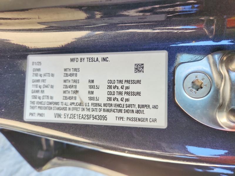 Aukcja sprzedaży 2025 Tesla Model 3, vin: 5YJ3E1EA2SF943095, numer aukcji: 69862166