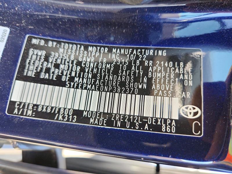 71110286 :رقم المزاد ، 5YFEPMAE0NP382370 vin ، 2022 Toyota Corolla مزاد بيع