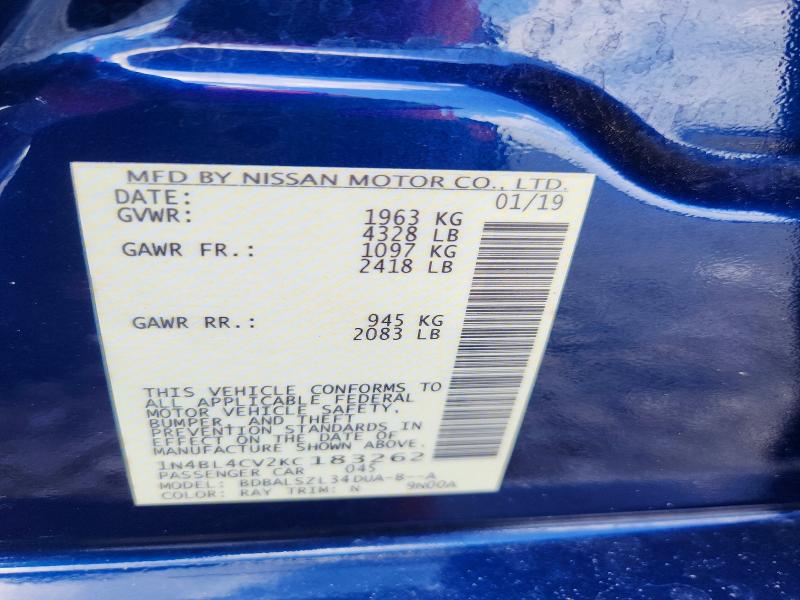 69091686 :رقم المزاد ، 1N4BL4CV2KC183262 vin ، 2019 Nissan Altima مزاد بيع