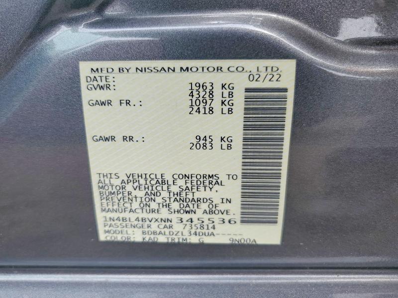 67277396 :رقم المزاد ، 1N4BL4BVXNN345536 vin ، 2022 Nissan Altima مزاد بيع