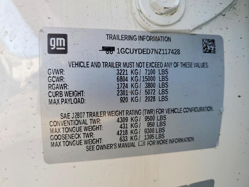 2022 Chevrolet Silverado Ltd მანქანა იყიდება აუქციონზე, vin: 1GCUYDED7NZ117428, აუქციონის ნომერი: 63184946