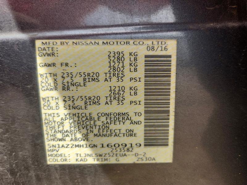Продаж на аукціоні авто 2016 Nissan Murano, vin: 5N1AZ2MH1GN160919, номер лоту: 67859126