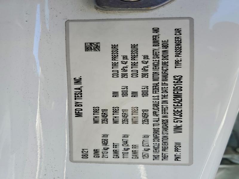63184606 :رقم المزاد ، 5YJ3E1EA2MF051643 vin ، 2021 Tesla Model 3 مزاد بيع