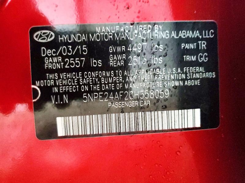 70217636 :رقم المزاد ، 5NPE24AF2GH358059 vin ، 2016 Hyundai Sonata مزاد بيع