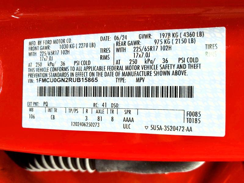2024 Ford Escape მანქანა იყიდება აუქციონზე, vin: 1FMCU0GN2RUB15865, აუქციონის ნომერი: 68371886