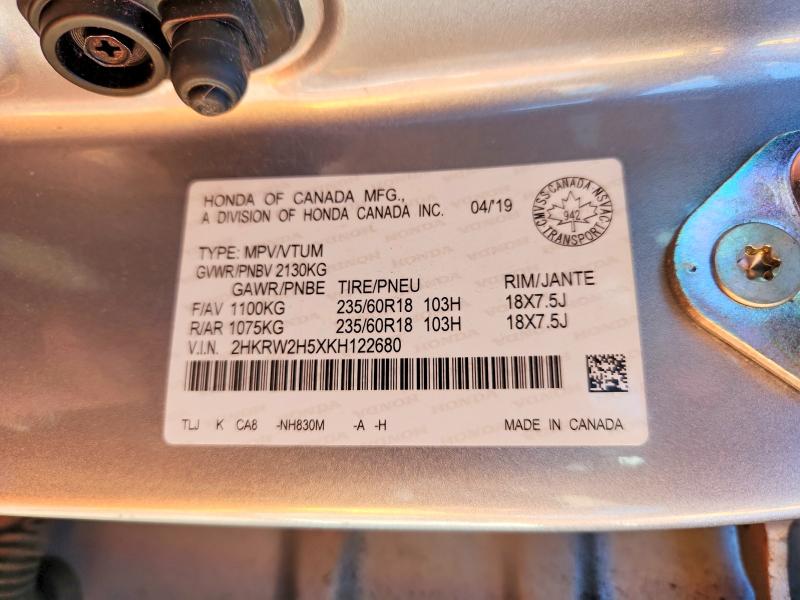 67997836 :رقم المزاد ، 2HKRW2H5XKH122680 vin ، 2019 Honda Cr-v مزاد بيع