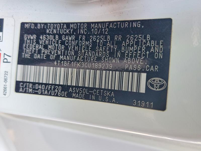 2012 Toyota Camry მანქანა იყიდება აუქციონზე, vin: 4T1BF1FK3CU189239, აუქციონის ნომერი: 68880676