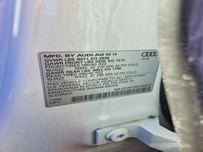 2019 Audi Q8 მანქანა იყიდება აუქციონზე, vin: WA1CVAF19KD033573, აუქციონის ნომერი: 69502236