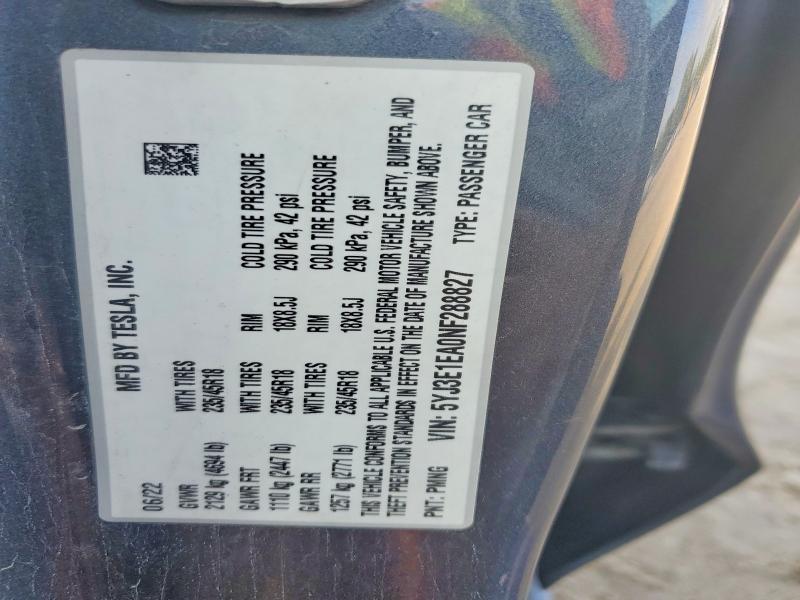 2022 Tesla Model 3 მანქანა იყიდება აუქციონზე, vin: 5YJ3E1EA0NF288827, აუქციონის ნომერი: 69401166