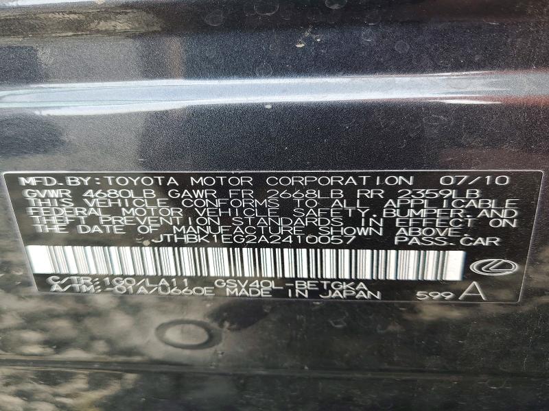 69579836 :رقم المزاد ، JTHBK1EG2A2410057 vin ، 2010 Lexus Es مزاد بيع