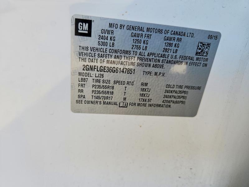 67410516 :رقم المزاد ، 2GNFLGE36G6147851 vin ، 2016 Chevrolet Equinox مزاد بيع