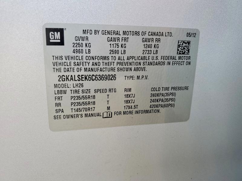 Aukcja sprzedaży 2012 Gmc Terrain, vin: 2GKALSEK6C6369026, numer aukcji: 68706856