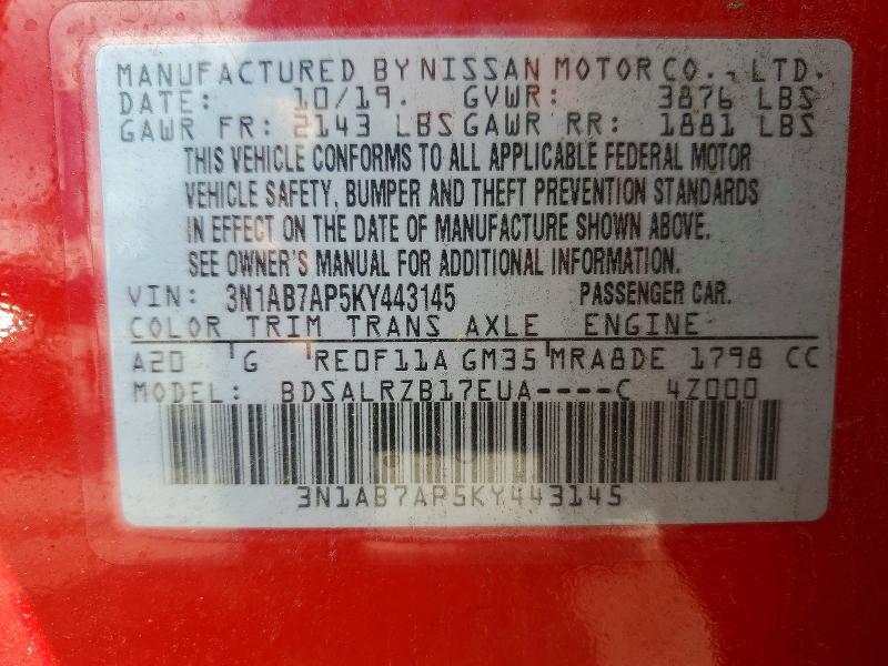 Продаж на аукціоні авто 2019 Nissan Sentra, vin: 3N1AB7AP5KY443145, номер лоту: 67158896