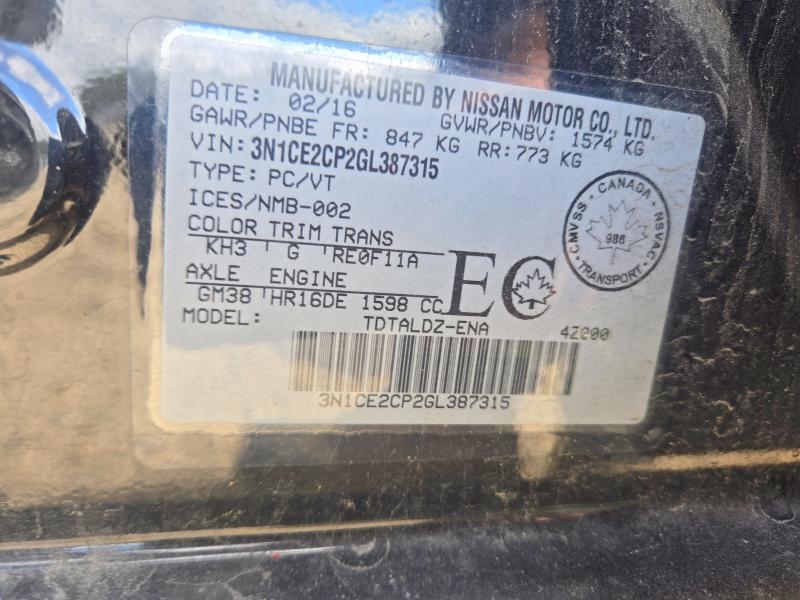 68248666 :رقم المزاد ، 3N1CE2CP2GL387315 vin ، 2016 Nissan Versa Note مزاد بيع